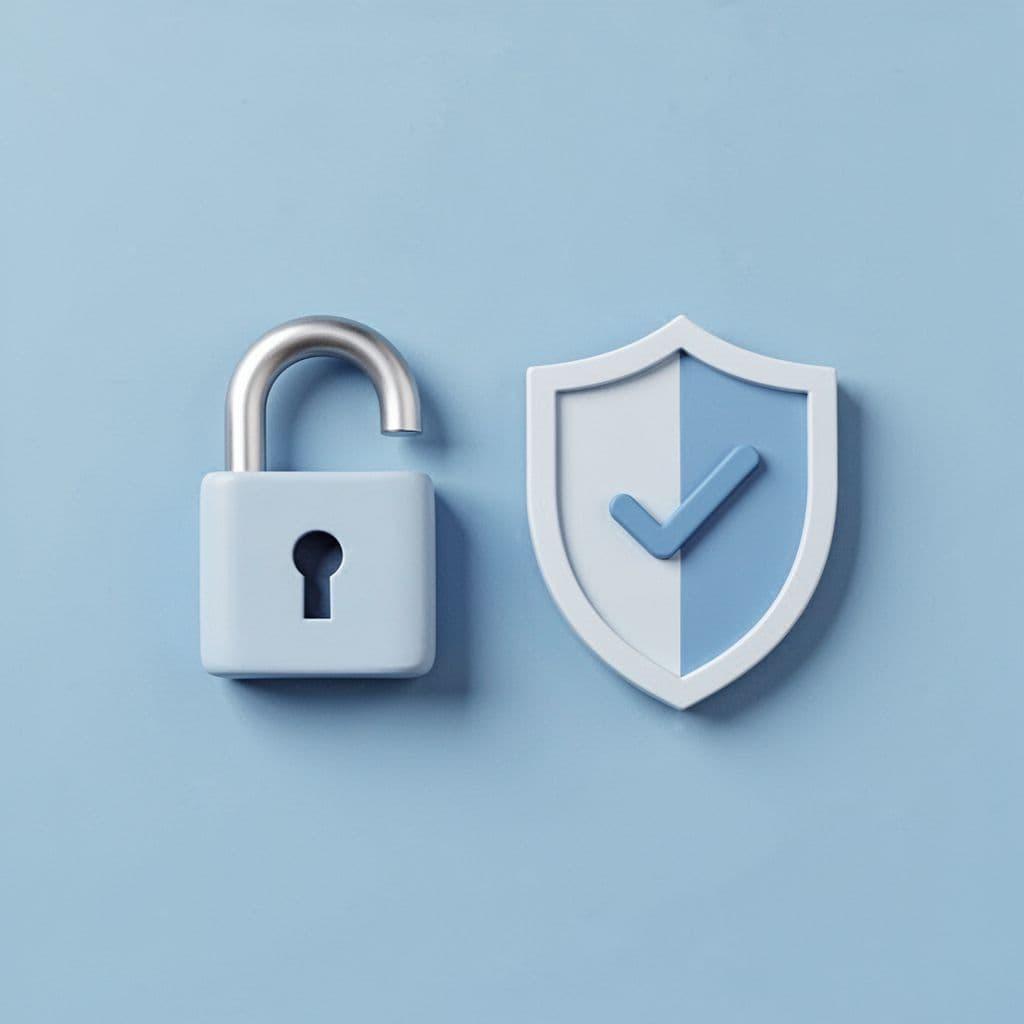 Padlocks, shields, profile verification checks, and privacy icons on light blue background.