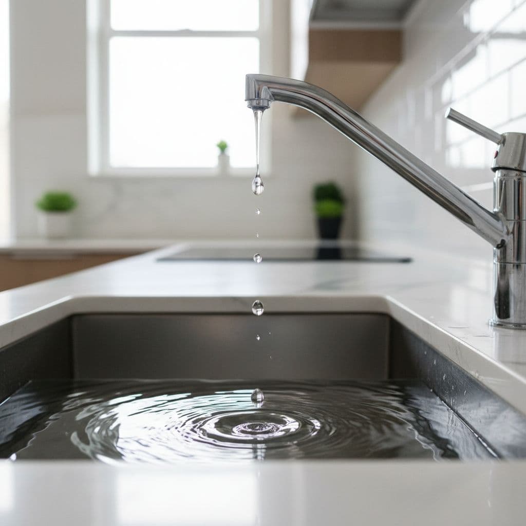 A single water droplet falls from a modern kitchen faucet into a stainless steel sink.