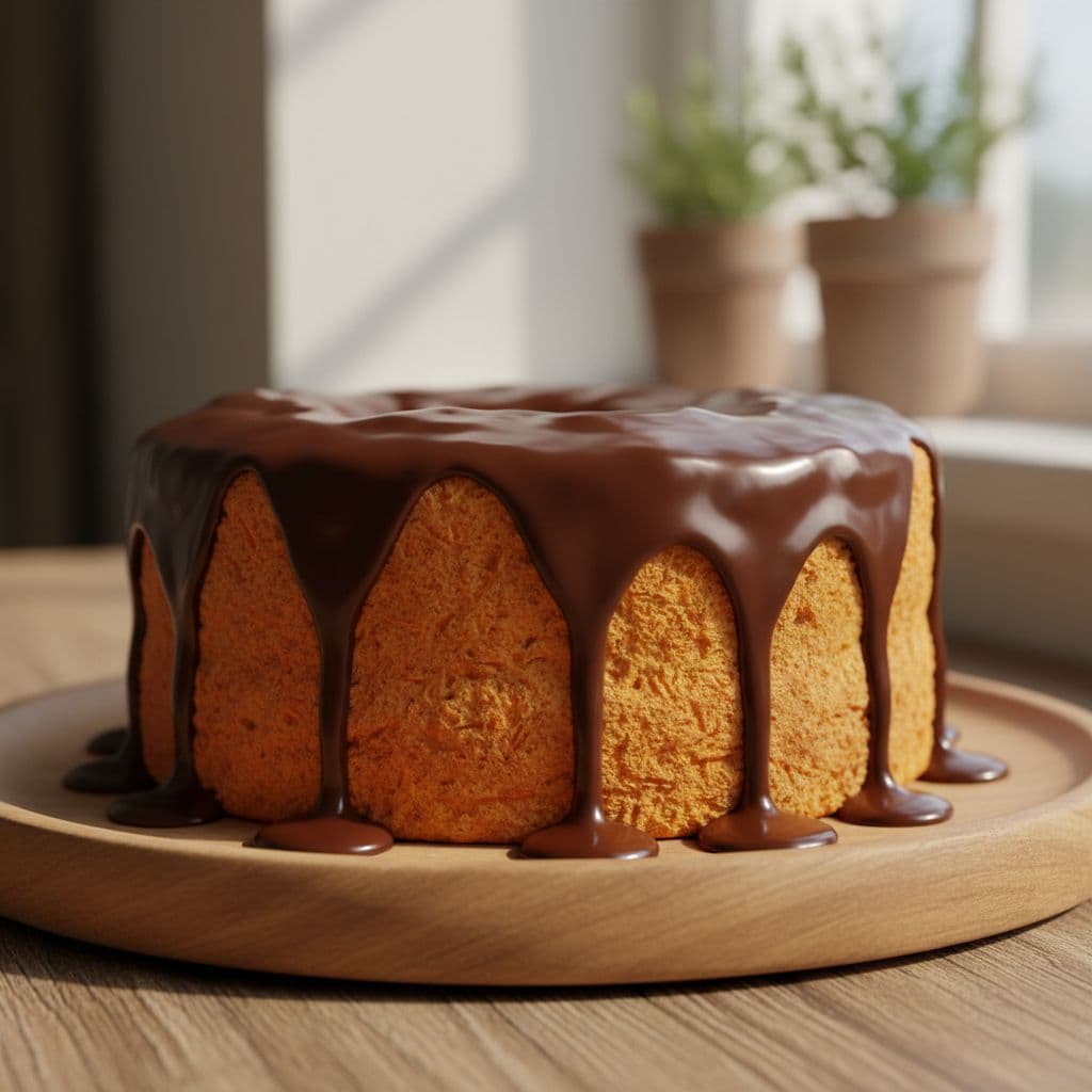 A fluffy orange carrot cake topped with glossy chocolate ganache rests on a rustic wooden plate.