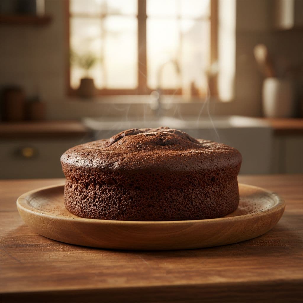 A moist, fluffy chocolate cake sits on a rustic wooden plate in a bright kitchen.