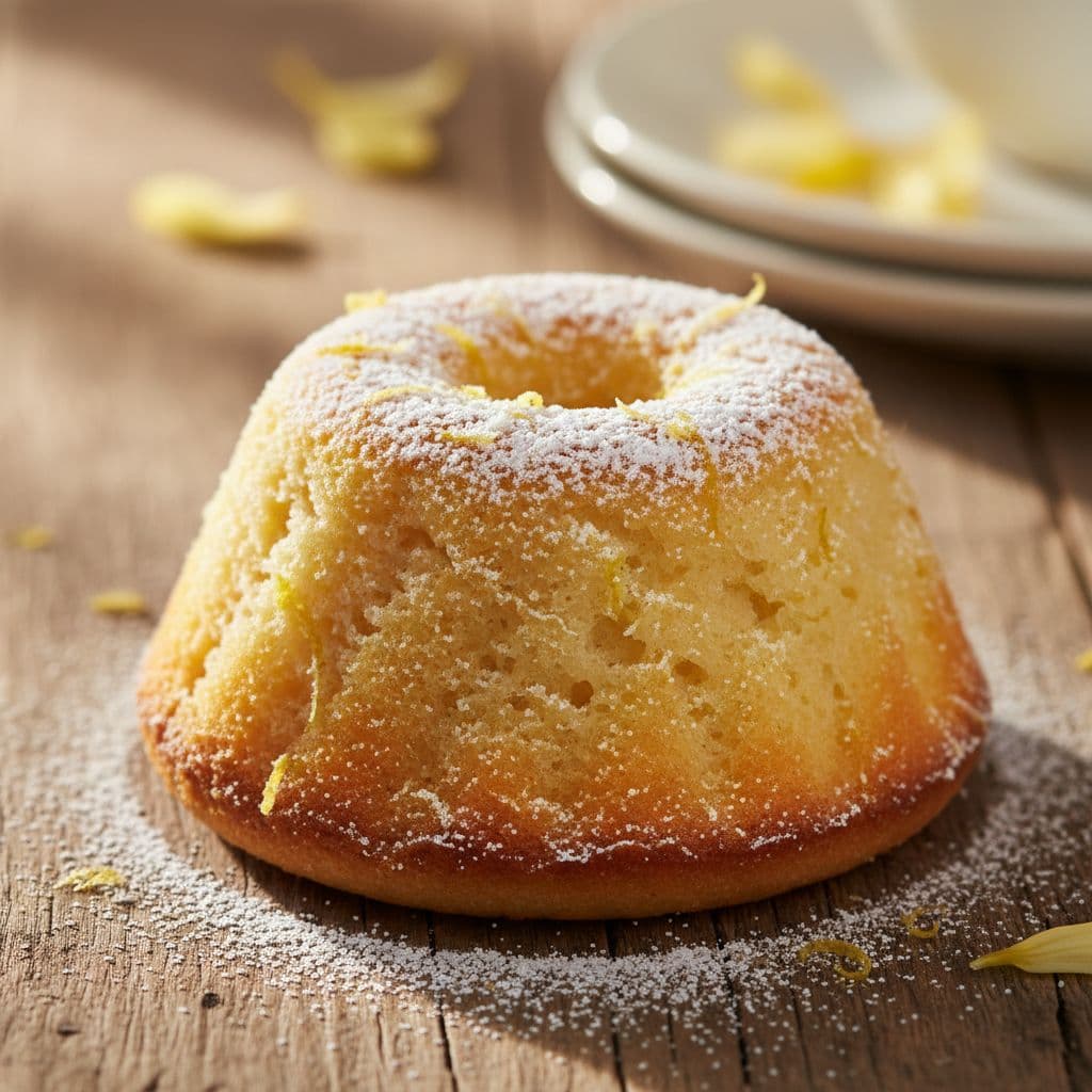 A small, textured lemon cake sits on a rustic wooden table bathed in soft natural light.