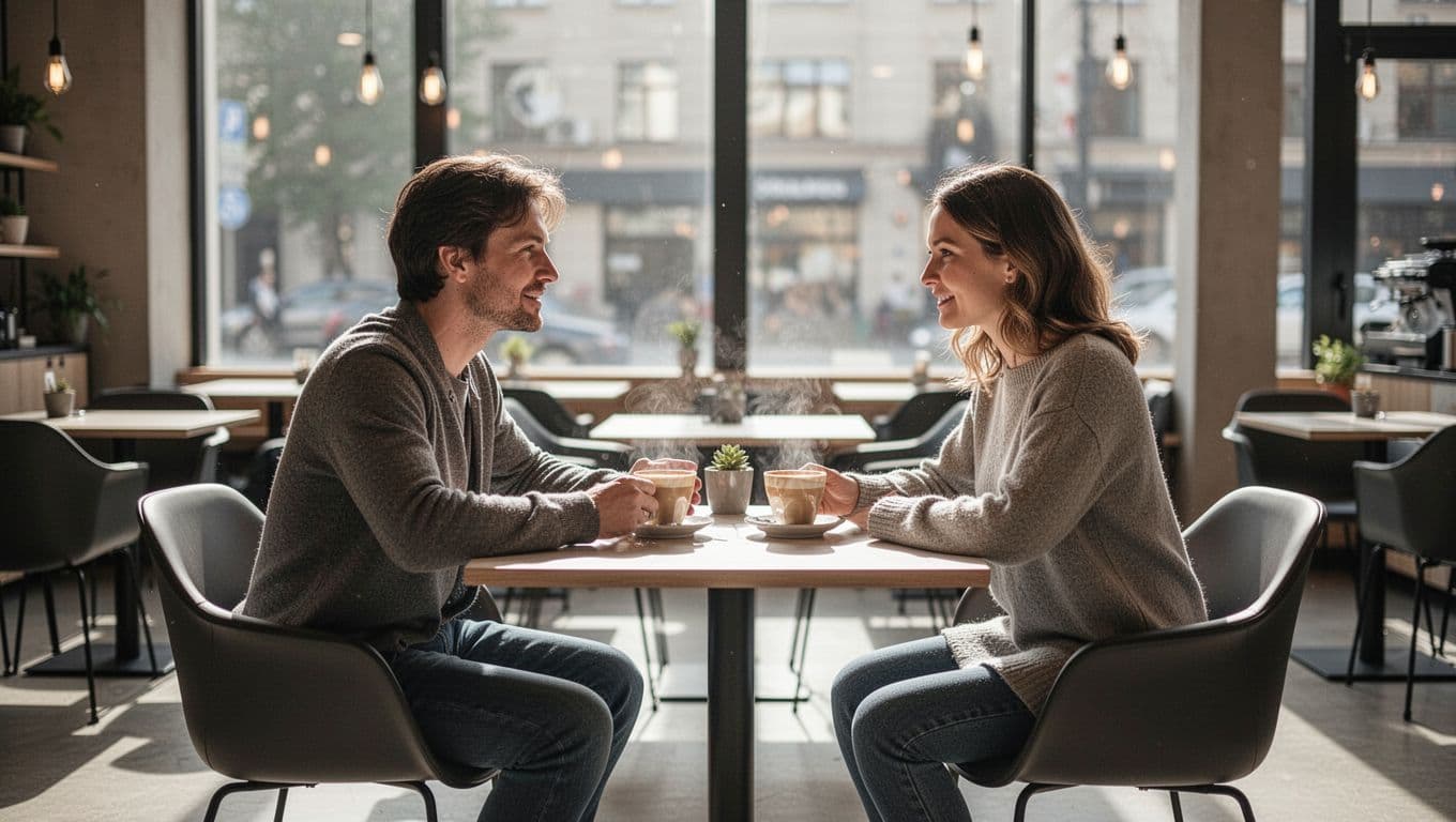 Two people engage in a friendly conversation while sitting at a table with coffee in a bright cafe.