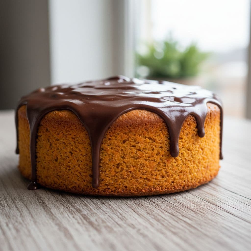 A fluffy gluten-free carrot cake with glossy chocolate frosting sits on a light wooden table.