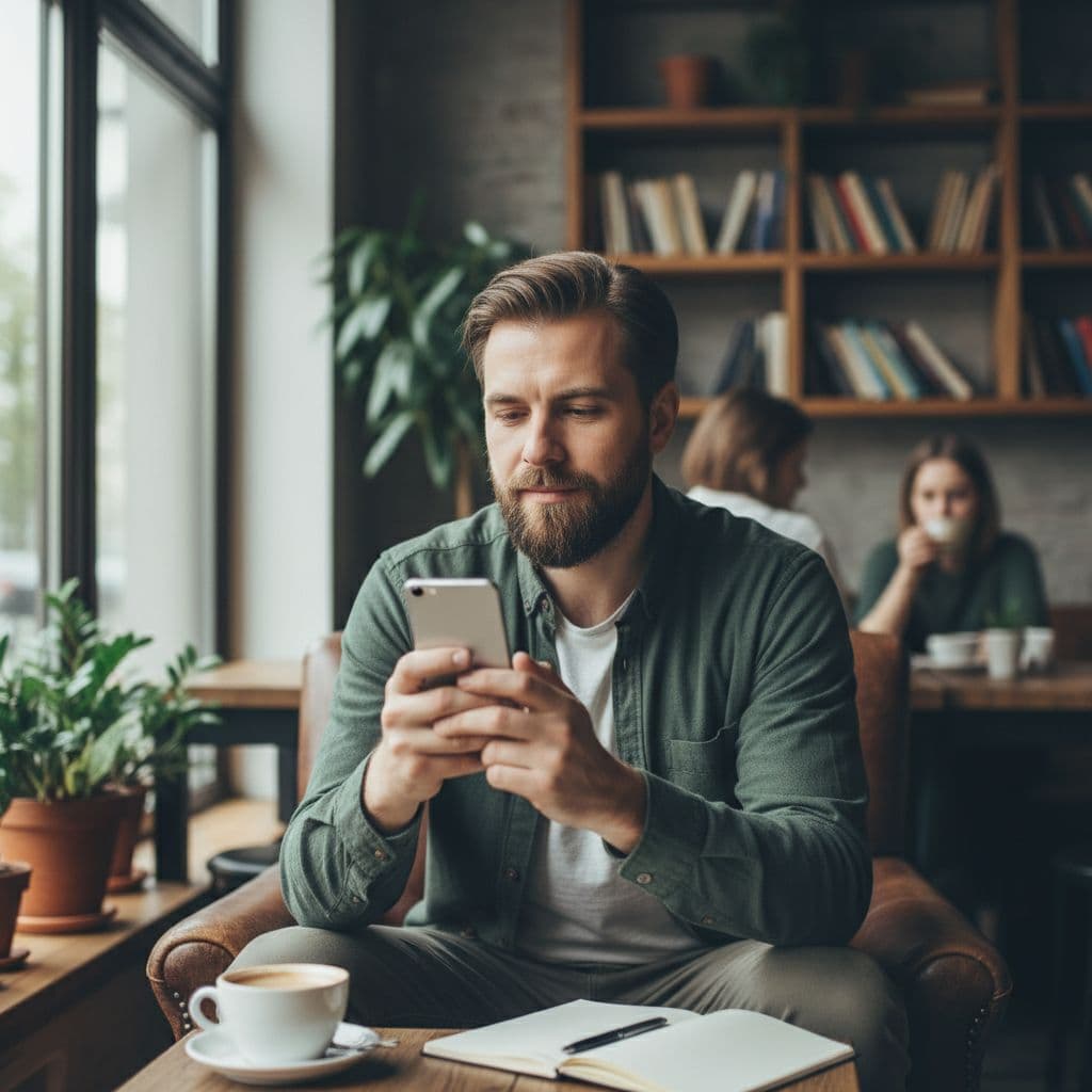 Um homem de trinta anos sentado em um café, focado ao usar seu celular sob luz natural.
