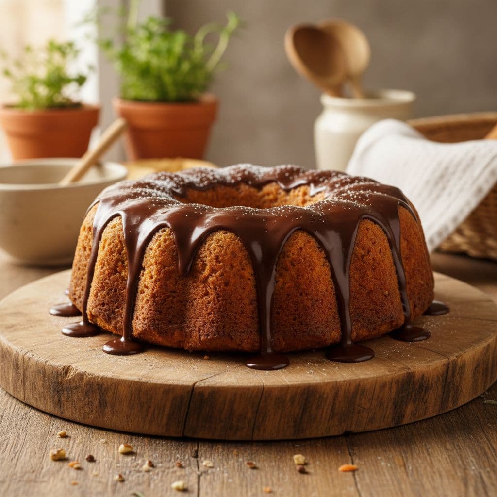 A moist carrot cake sits on a rustic wooden table with chocolate frosting dripping down its sides.