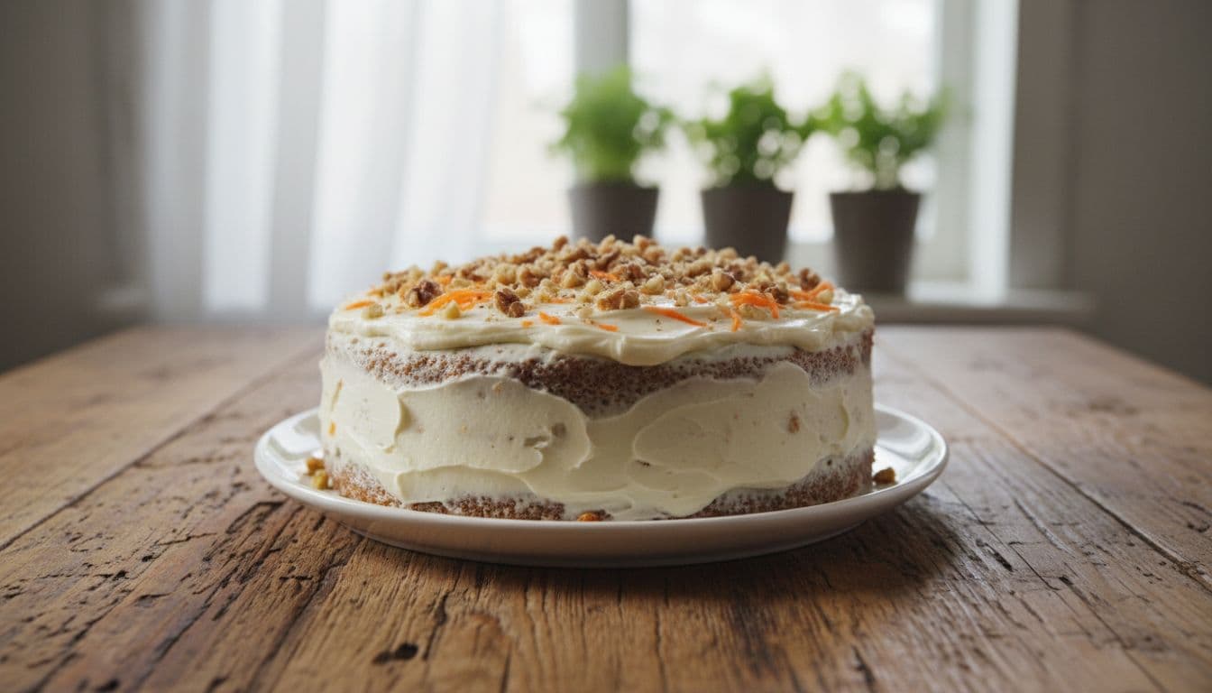 A freshly baked carrot cake sits on a ceramic plate atop a wooden rustic table.