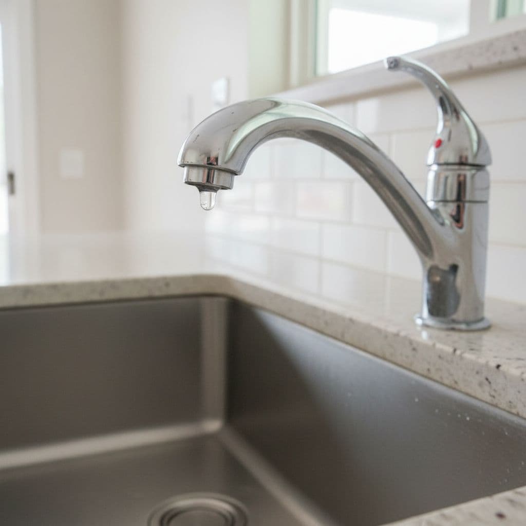 A single water droplet hangs from a shiny chrome kitchen faucet above a stainless steel sink.