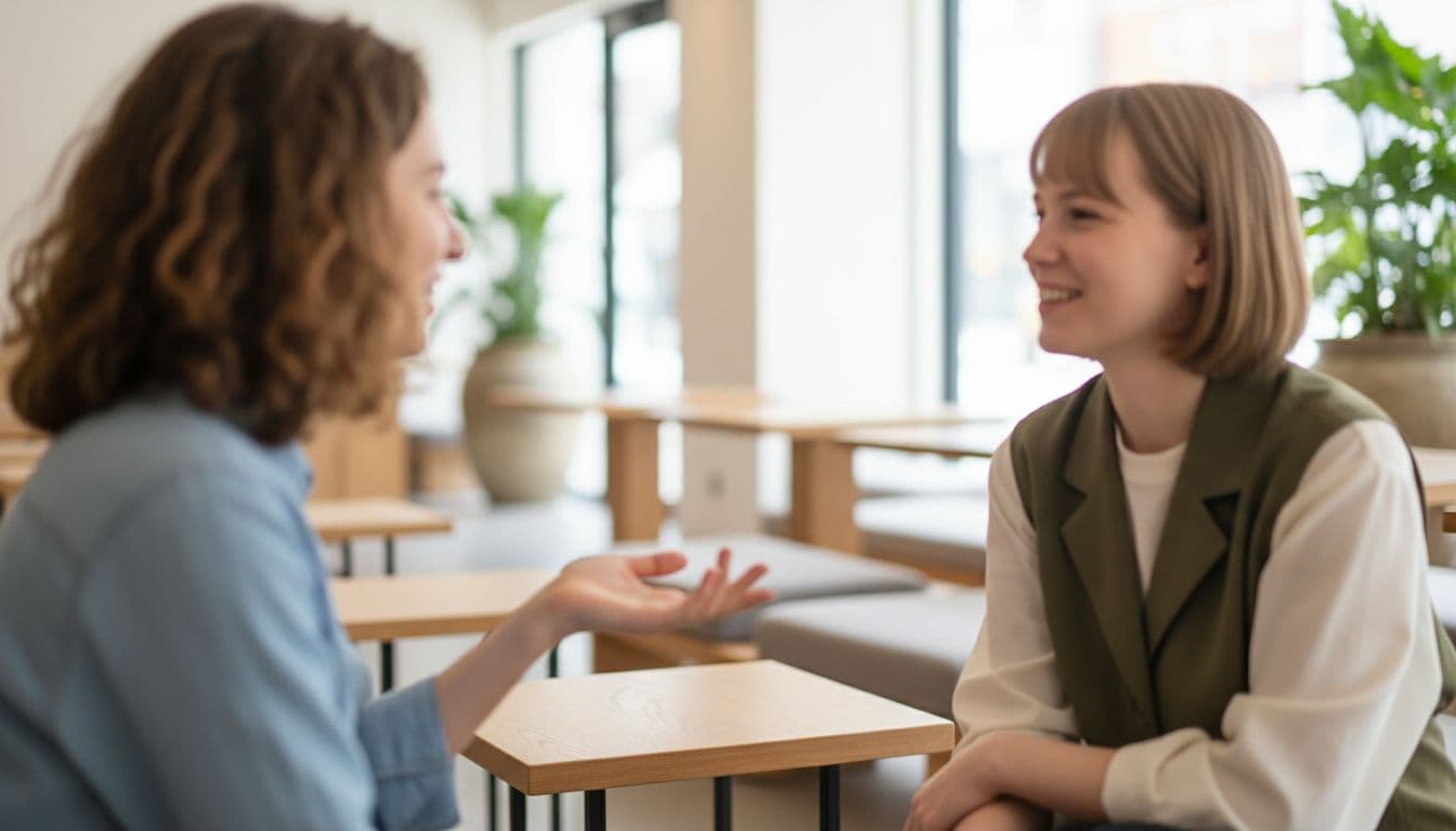 Two people engage in a relaxed, meaningful conversation inside a bright, modern cafe.