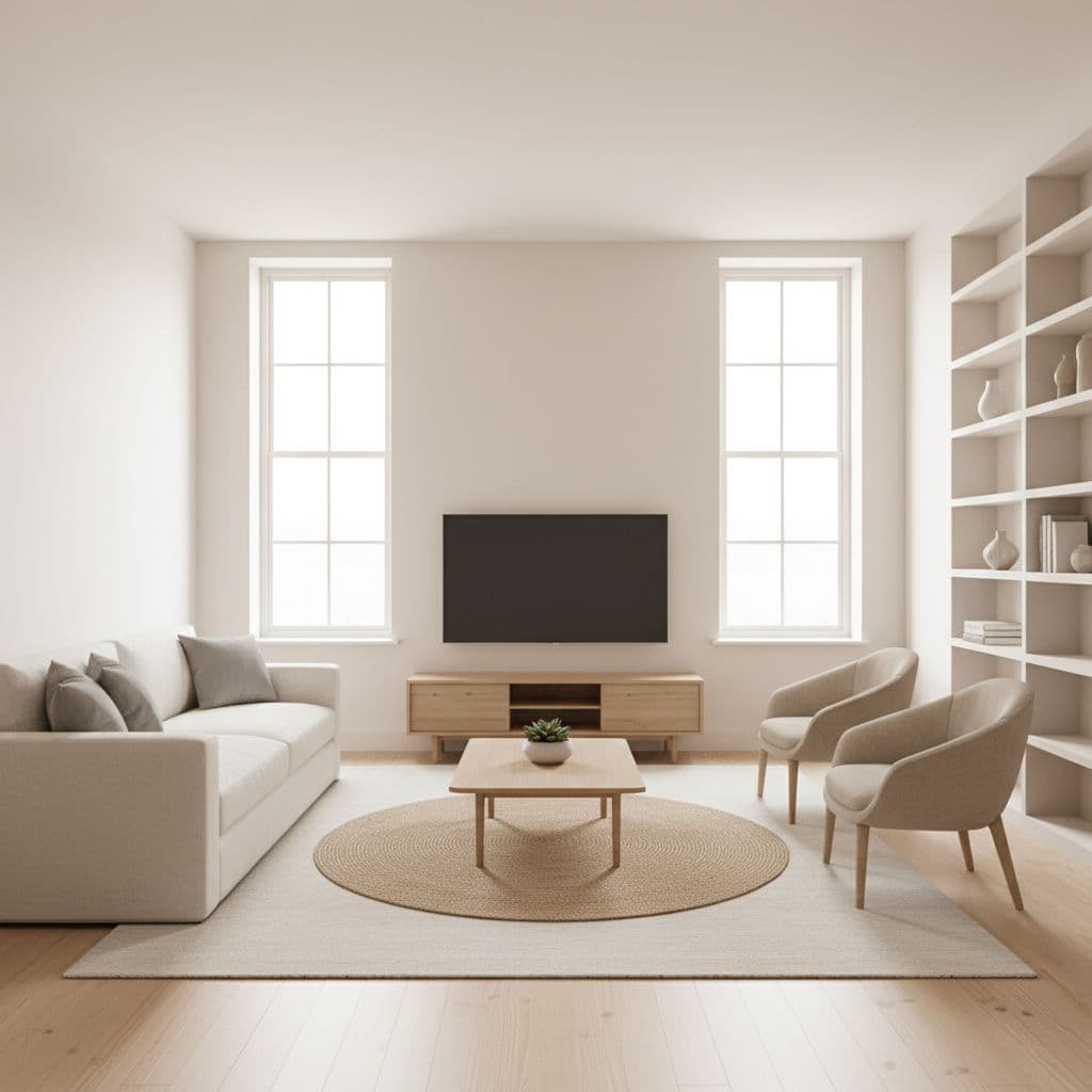 A sunlit, minimalist living room features organized furniture and neutral tones in an uncluttered space.