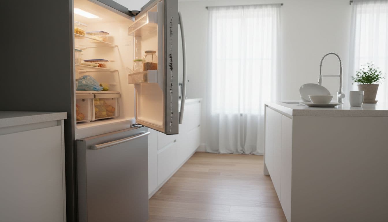 A side view of a contemporary refrigerator placed within a clean, well-lit residential kitchen.
