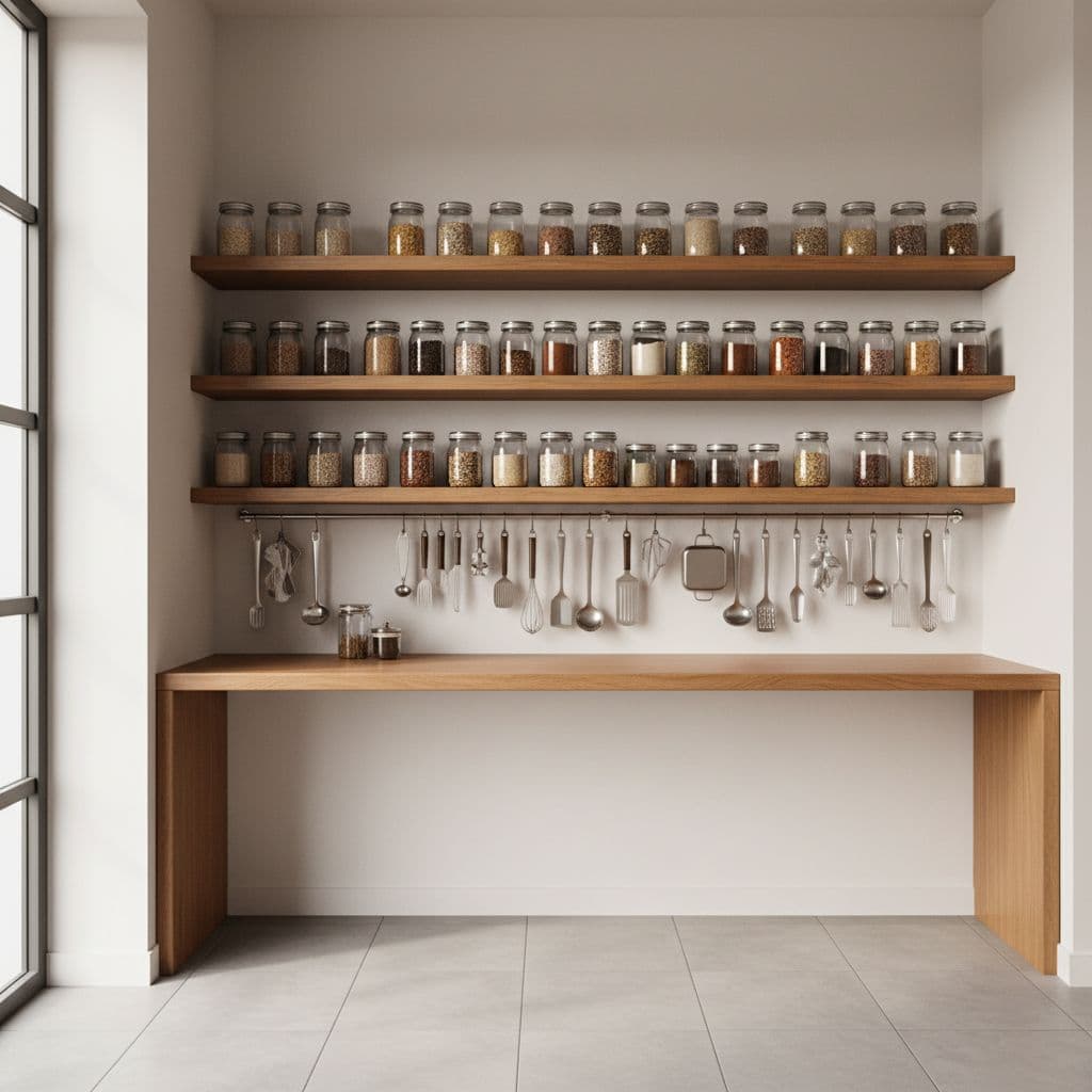 A compact, modern kitchen features a wooden countertop, open shelving with glass jars, and hanging metal utensils.