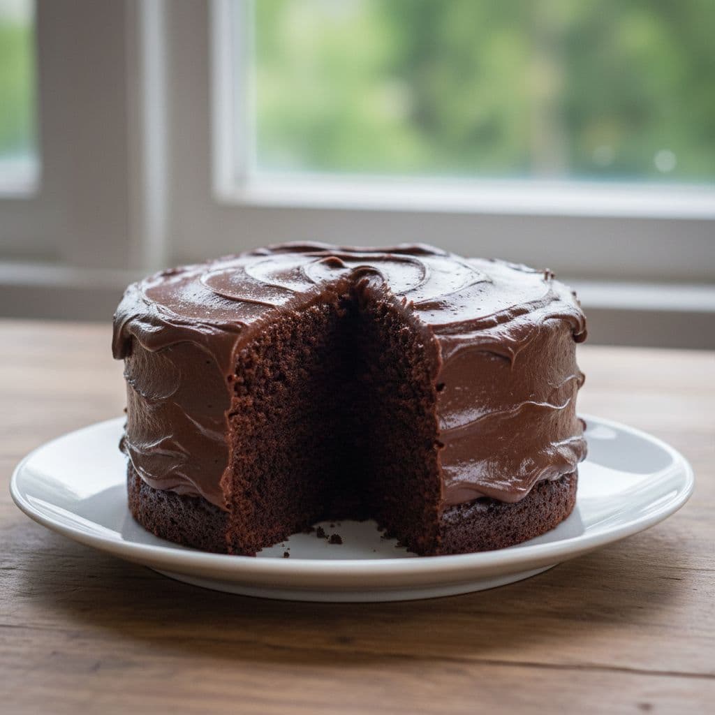 A rich moist dark chocolate cake with simple frosting sits on a clean white plate.