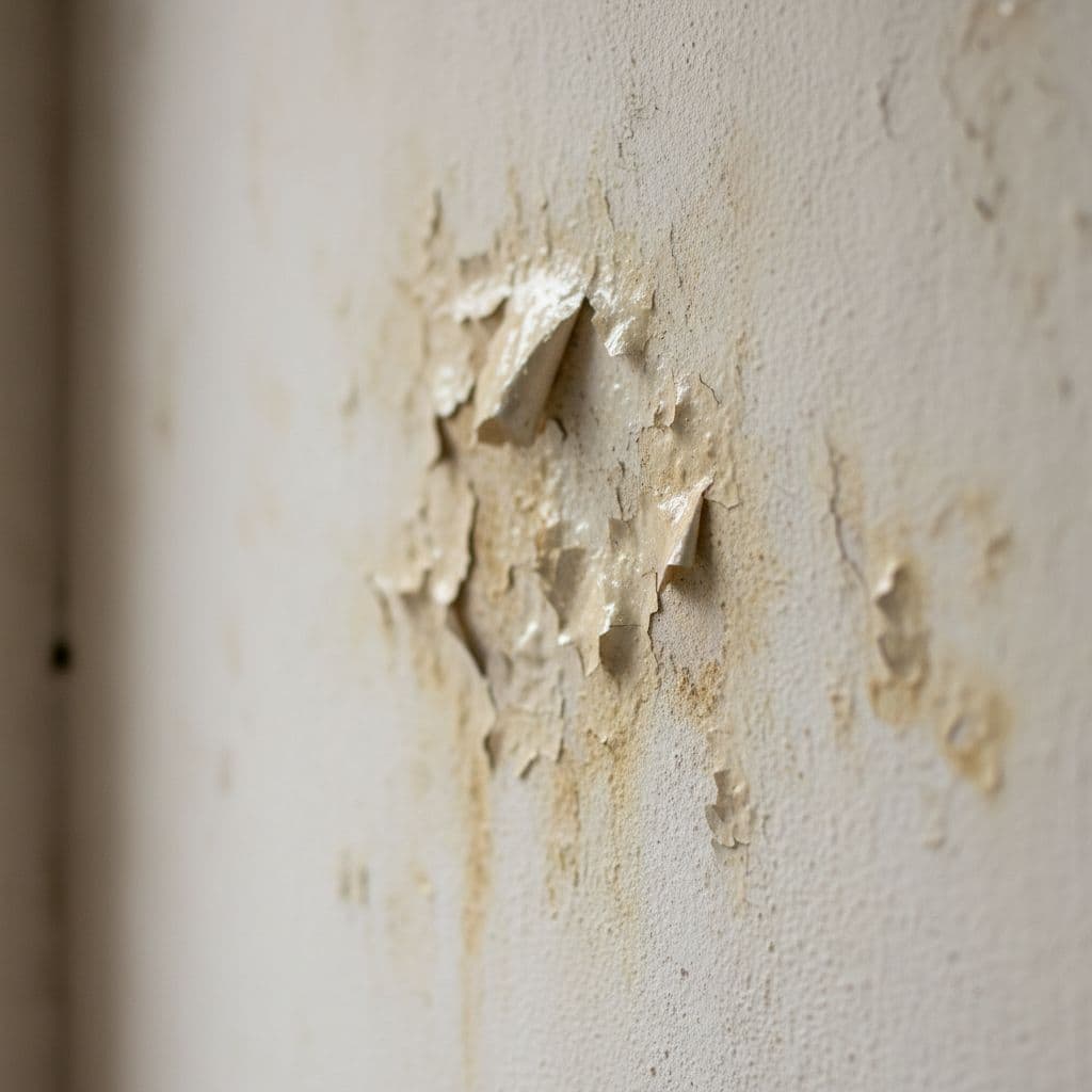 A close-up view of an interior wall showing bubbling paint and peeling surfaces caused by moisture.