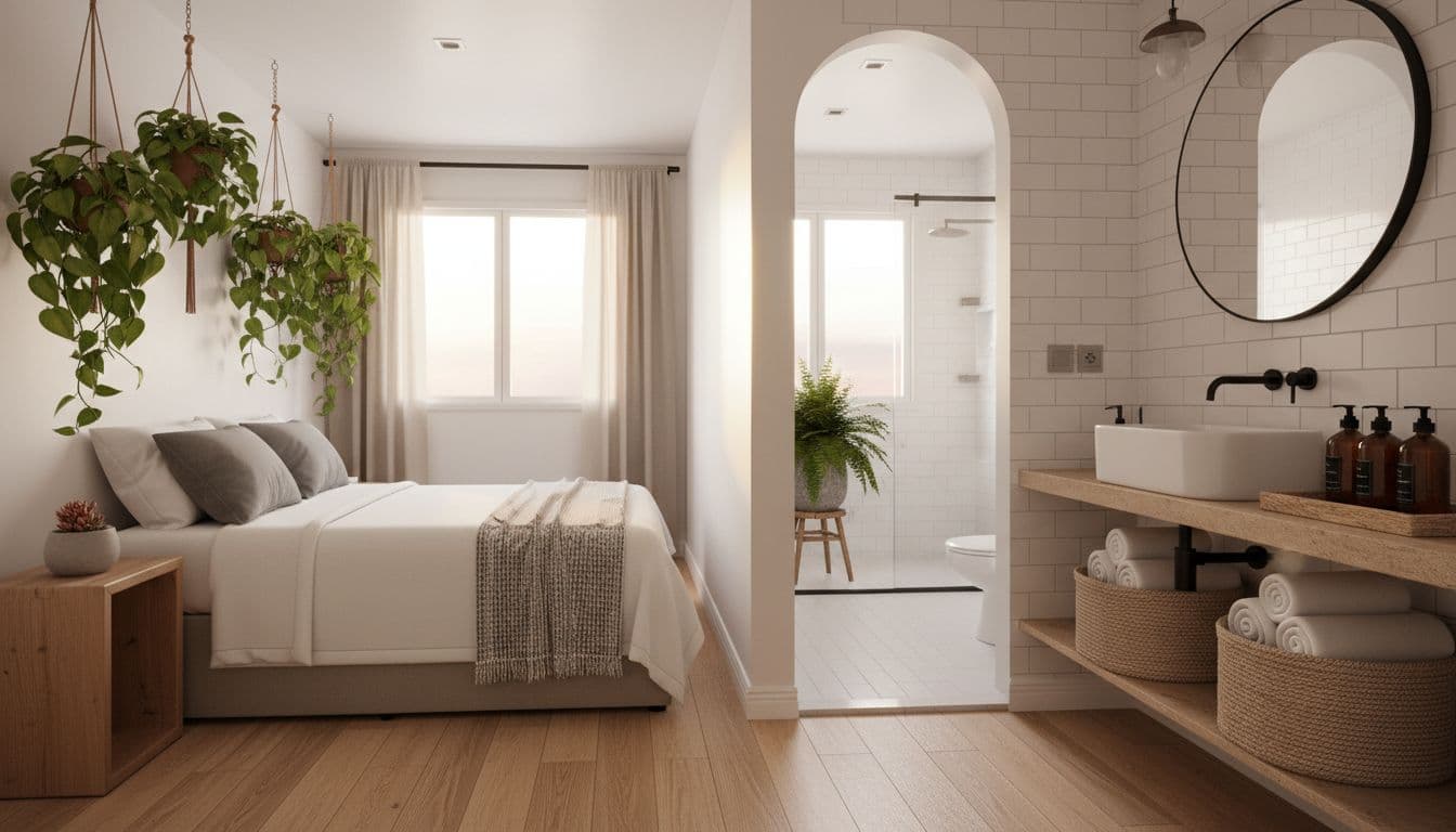 Tidy bedroom with made bed, plants, and clear nightstand connects to clean bathroom with organized sink and towels.