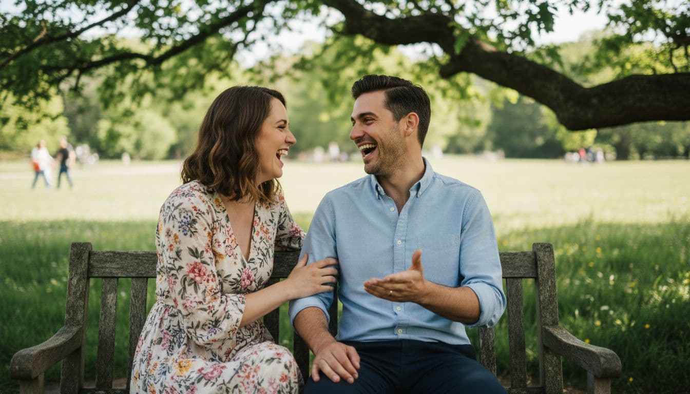 Two individuals have an animated, happy conversation while sitting on a park bench.