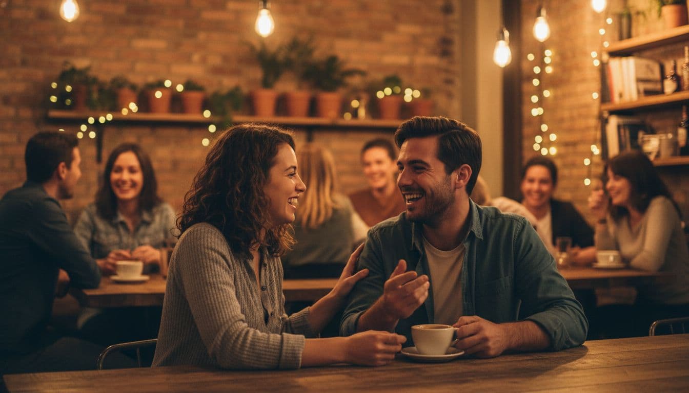 Two friends smile and talk while sitting together in a cozy, softly lit cafe setting.