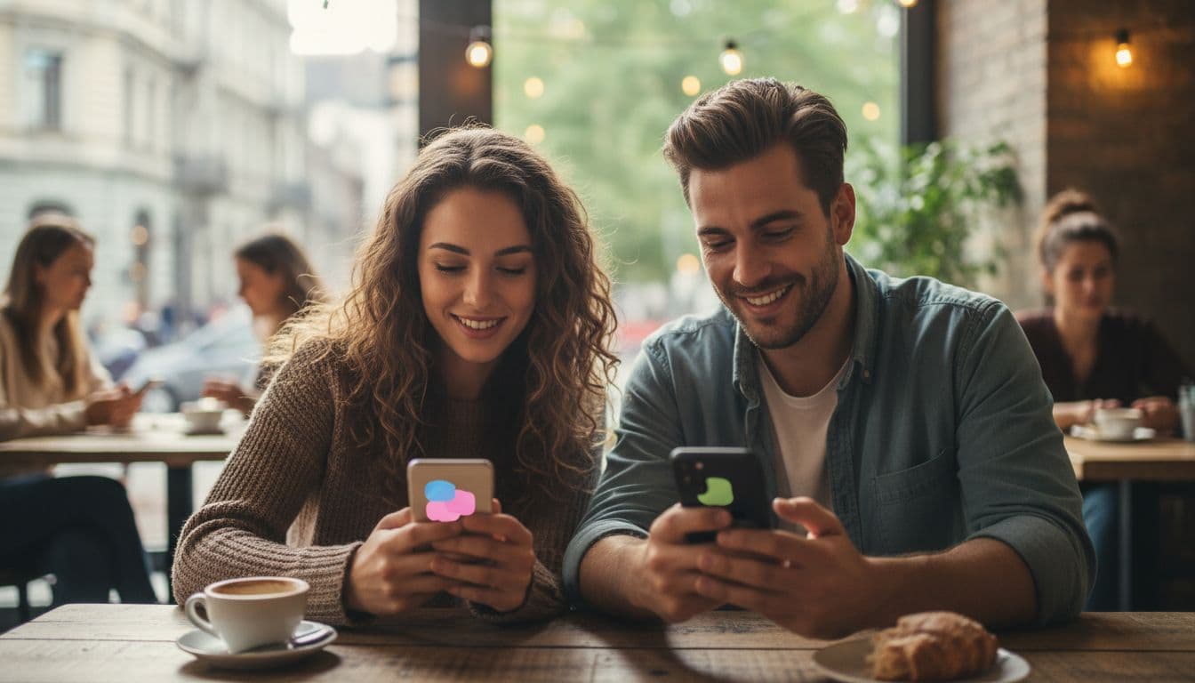 Duas pessoas em um café olham para seus celulares com expressão leve e atenta.