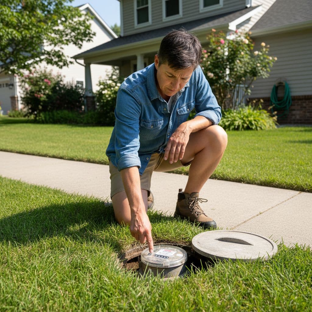 A person kneels in a residential yard to closely examine a water meter installed in the ground.
