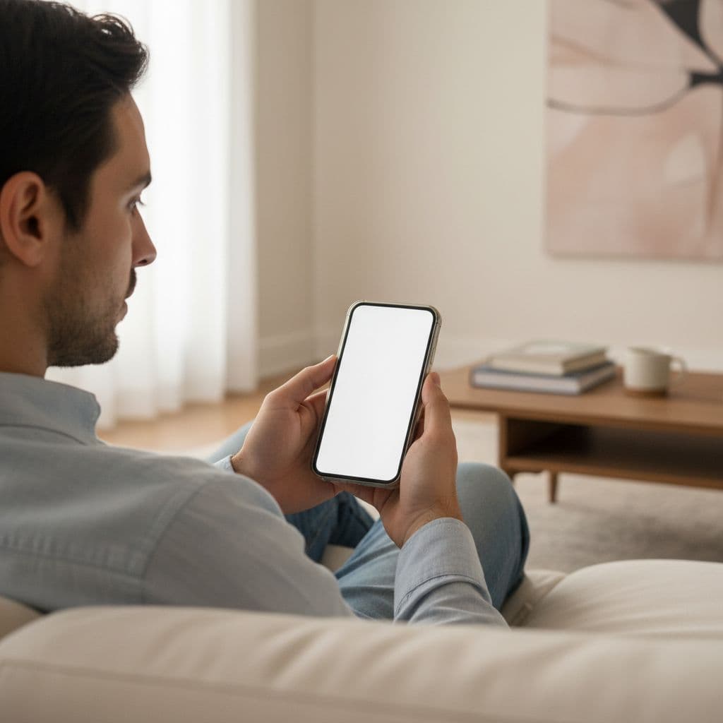 Uma pessoa sentada em um sofá confortável em uma sala iluminada por luz natural, segurando um smartphone moderno, olhando para a tela com expressão de foco e análise.