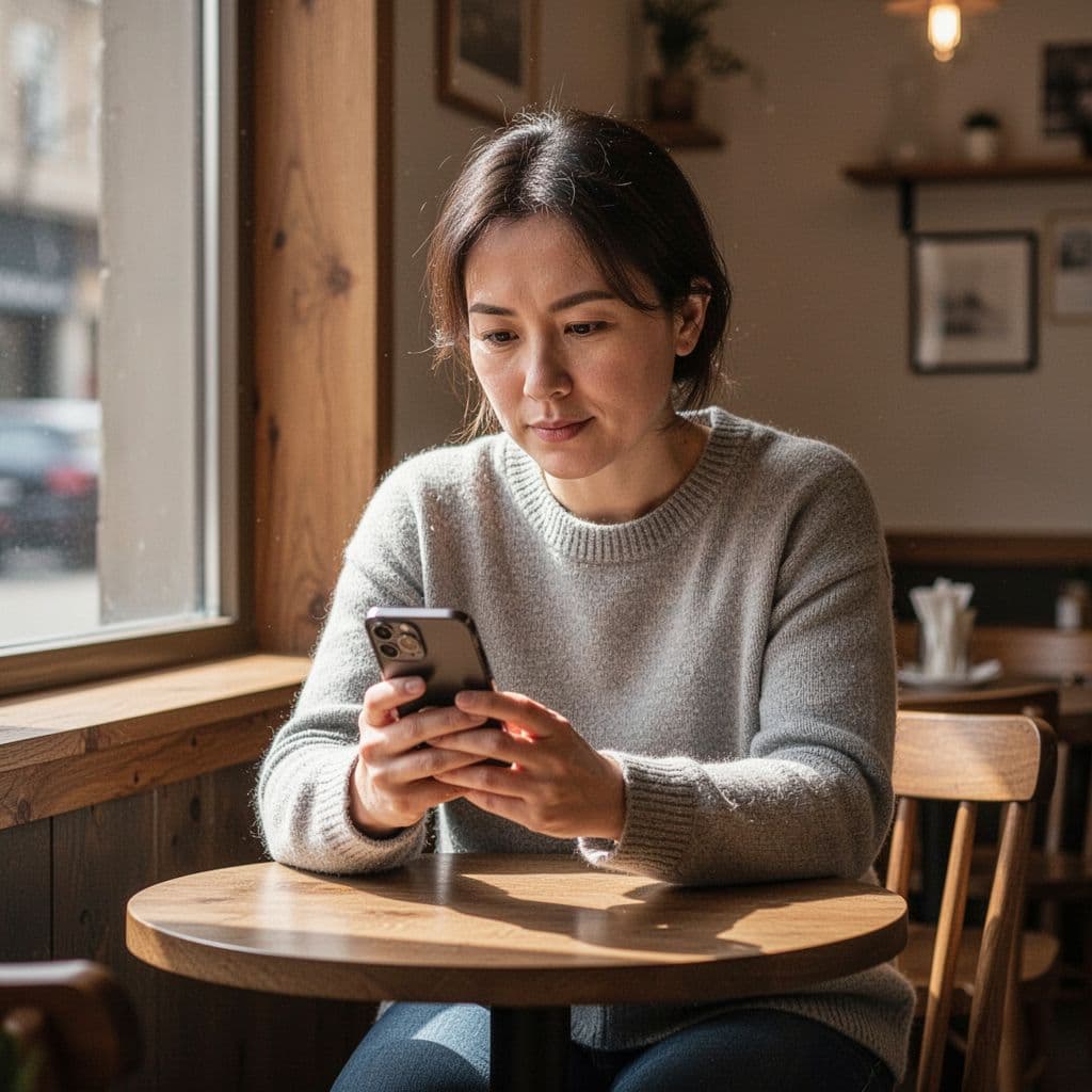 A person in their thirties sits in a quiet cafe looking thoughtfully at their smartphone.