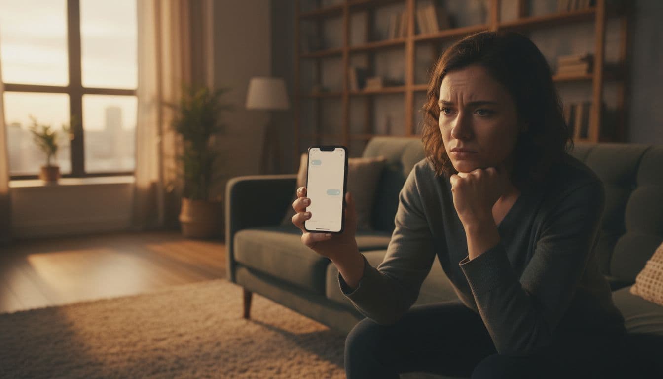 A person sitting on a sofa looking at their smartphone with a puzzled, impatient expression.