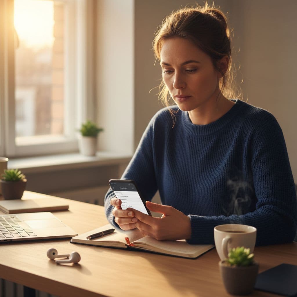Uma pessoa concentra-se em editar o perfil de namoro no smartphone sobre uma mesa organizada.