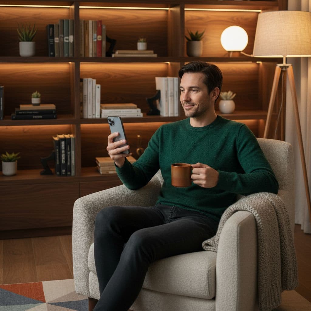 A person sits in a cozy study holding a smartphone and coffee cup while looking thoughtful.