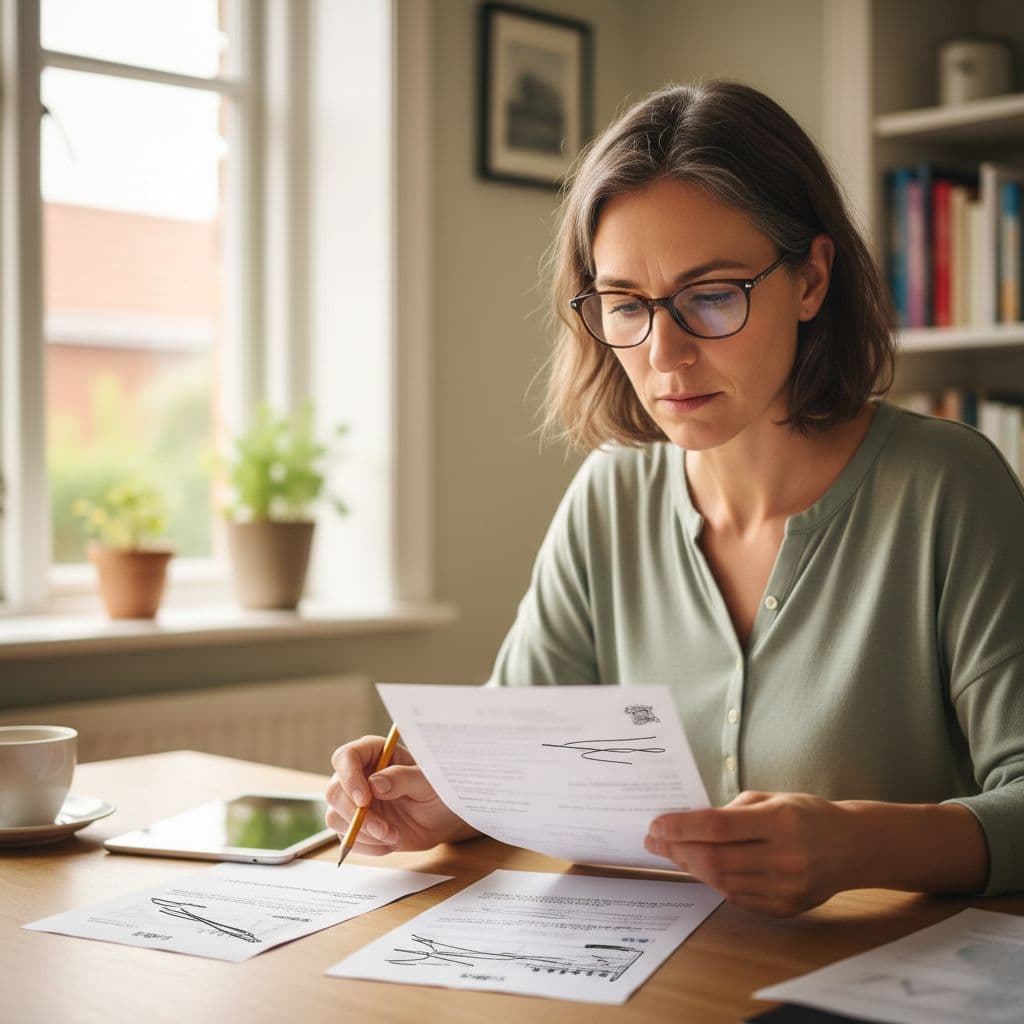A focused person sits at a desk while examining a paper water bill with a pencil.