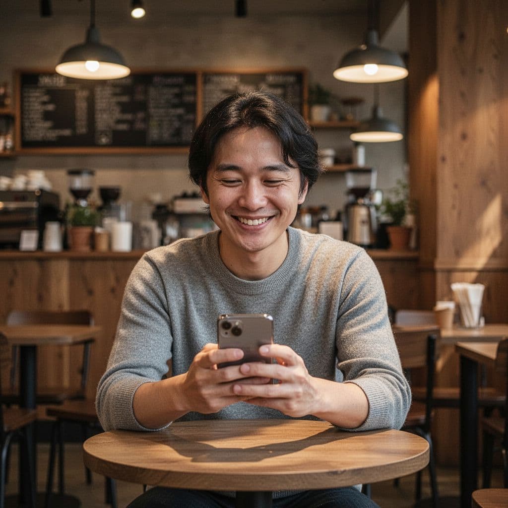 A person sits in a warm coffee shop while smiling at their smartphone screen.
