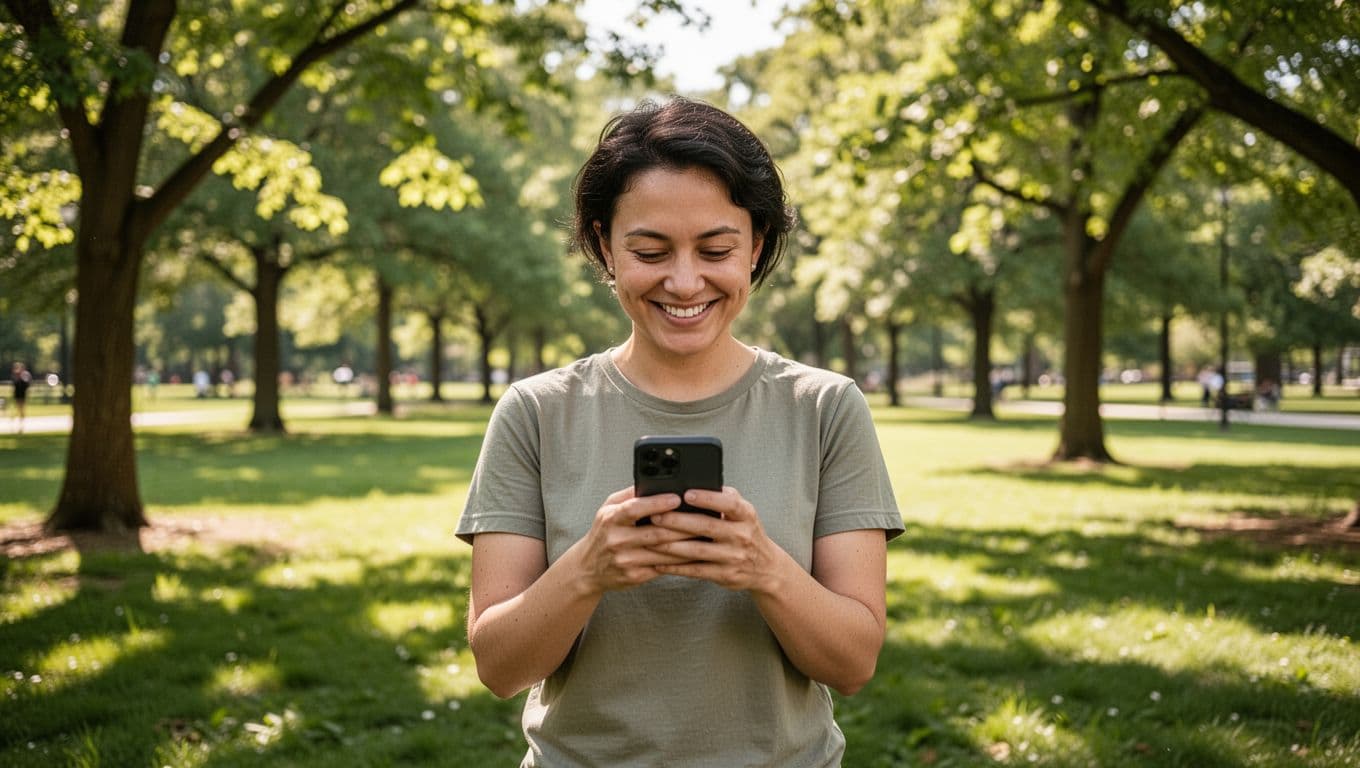 Uma pessoa sorrindo ao olhar para uma tela de celular em um ambiente de parque ao ar livre, luz suave do sol, estilo fotográfico natural e vibrante, sem texto, sem logos, exatamente uma pessoa, sem mais ninguém.