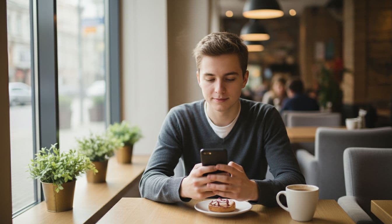 A young adult sits in a cozy cafe while holding a smartphone and checking a mobile application.