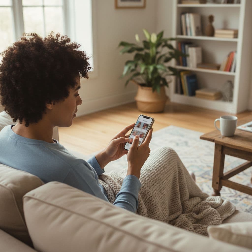 A person sits comfortably in a well-lit room while focused on their smartphone screen.