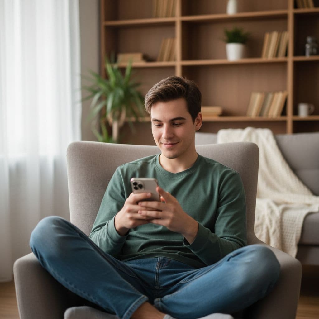 A young person sits in a comfortable armchair using a smartphone in a bright living room.