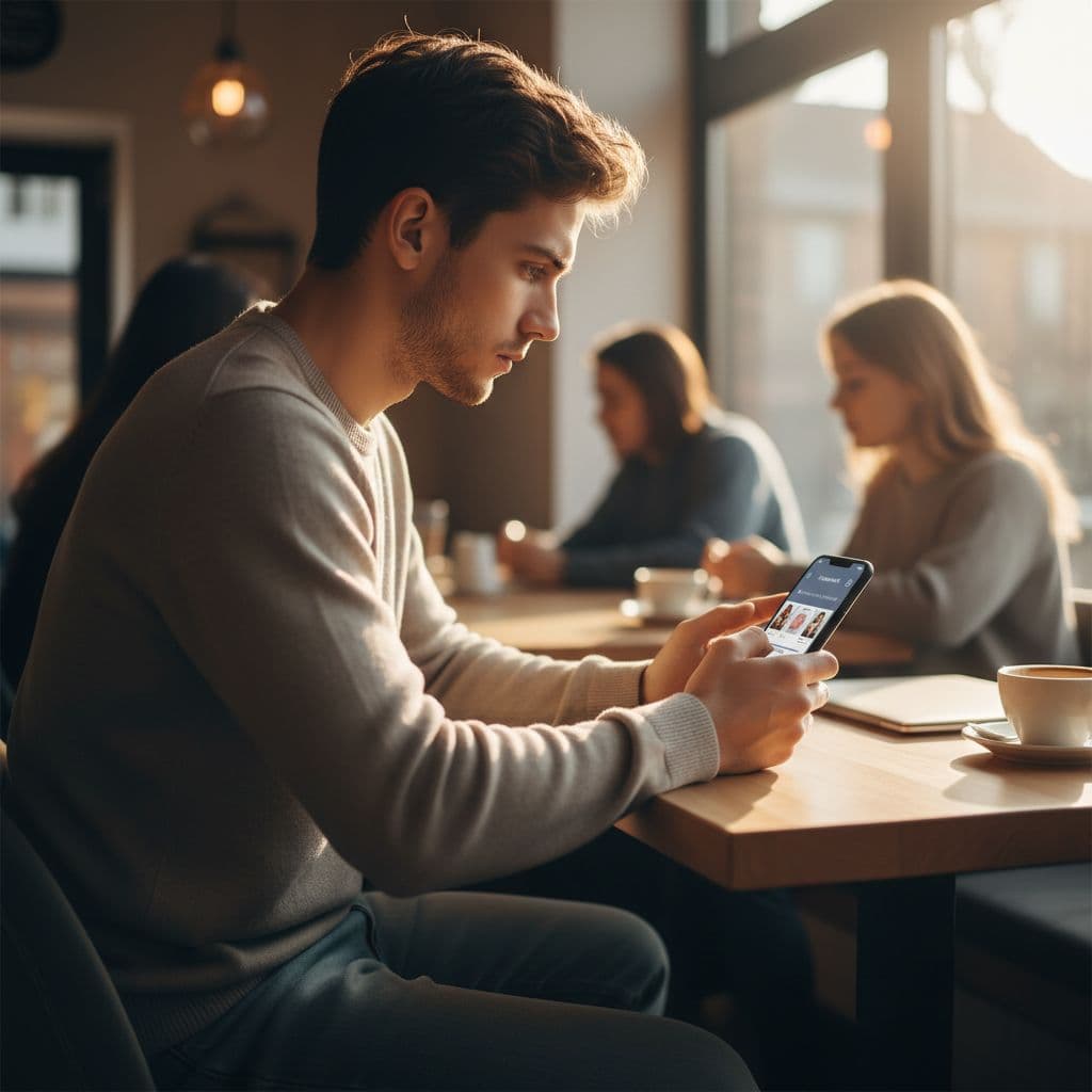 A young person sitting in a bright cafe looking at a smartphone with a focused, prudent expression.