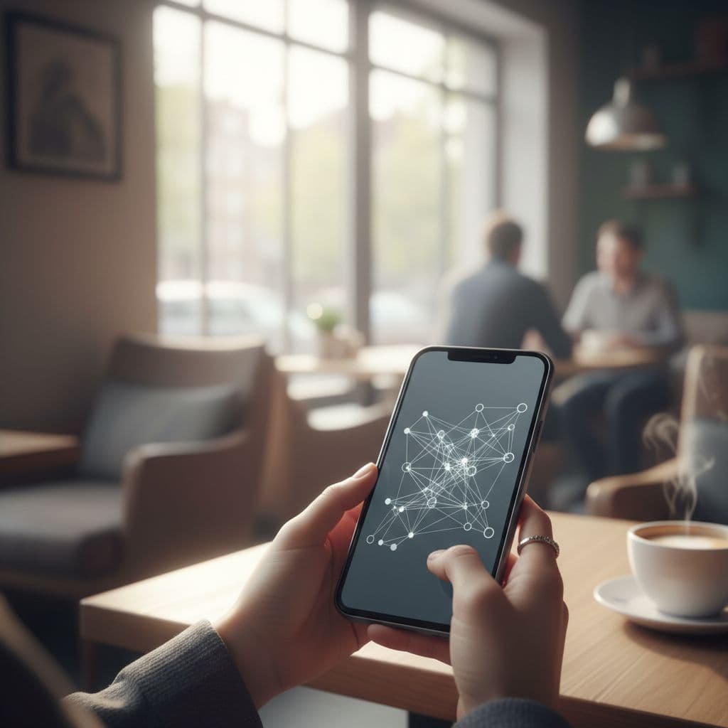 A person holds a modern smartphone while sitting in a warm, sunlit coffee shop.