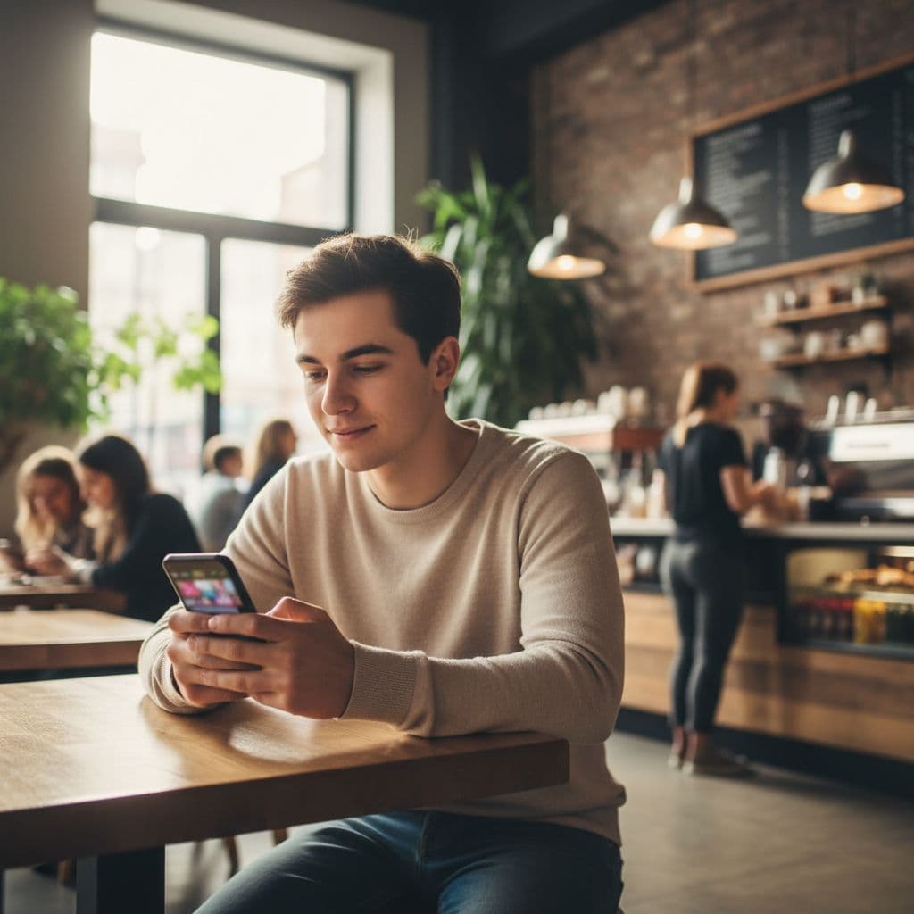 A young person checks their smartphone while relaxing inside a bright, busy urban coffee shop.