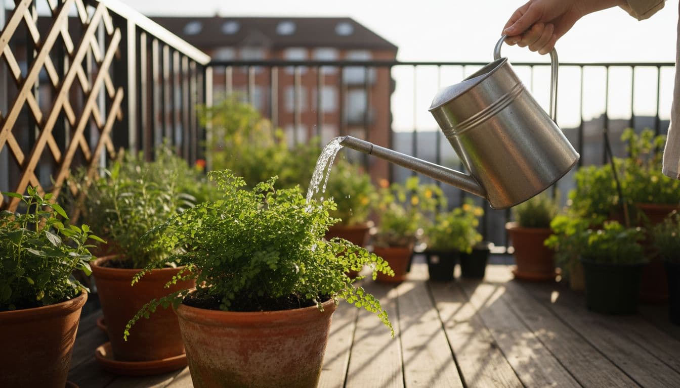 A person uses a metal watering can to nourish a potted plant on a bright balcony.