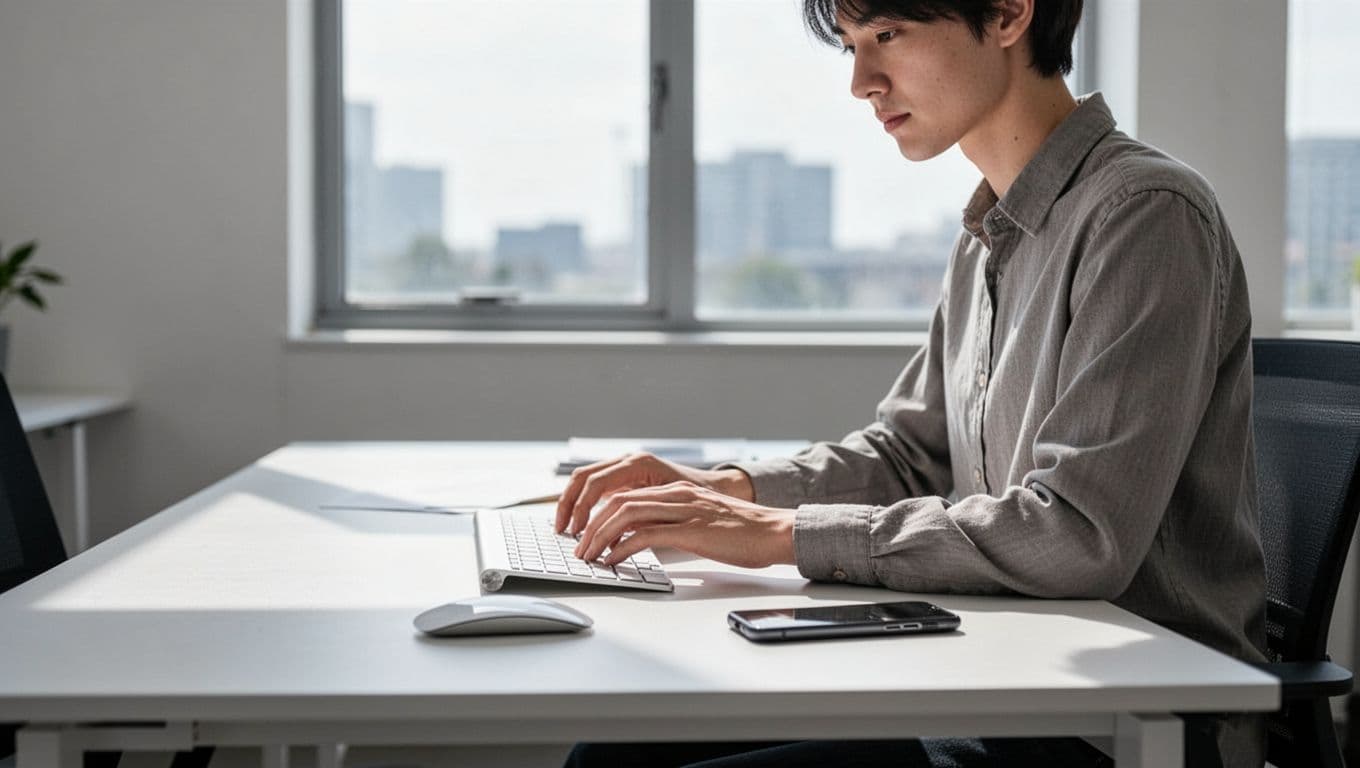 A focused individual works at an organized, minimalist desk with a smartphone nearby in a bright room.