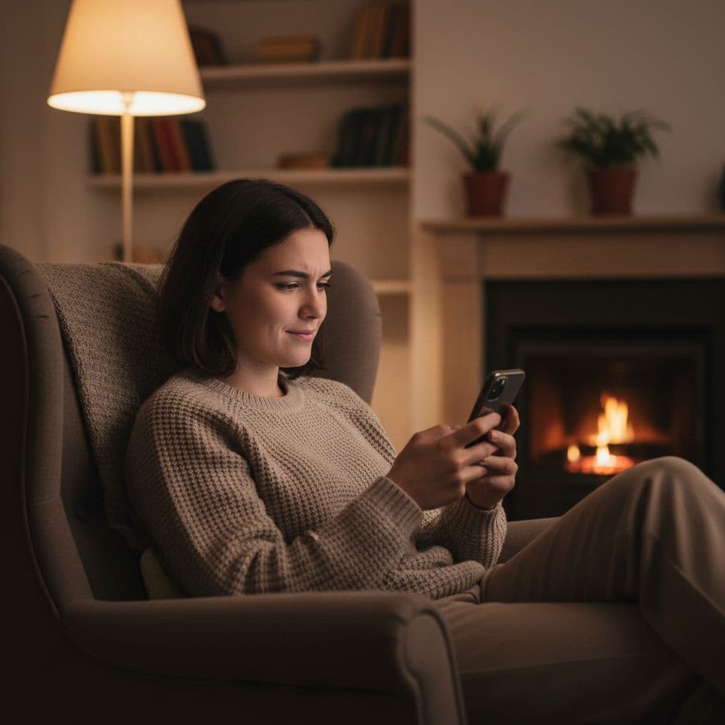 Uma pessoa sentada em uma poltrona observa atentamente a tela do smartphone em ambiente aconchegante.