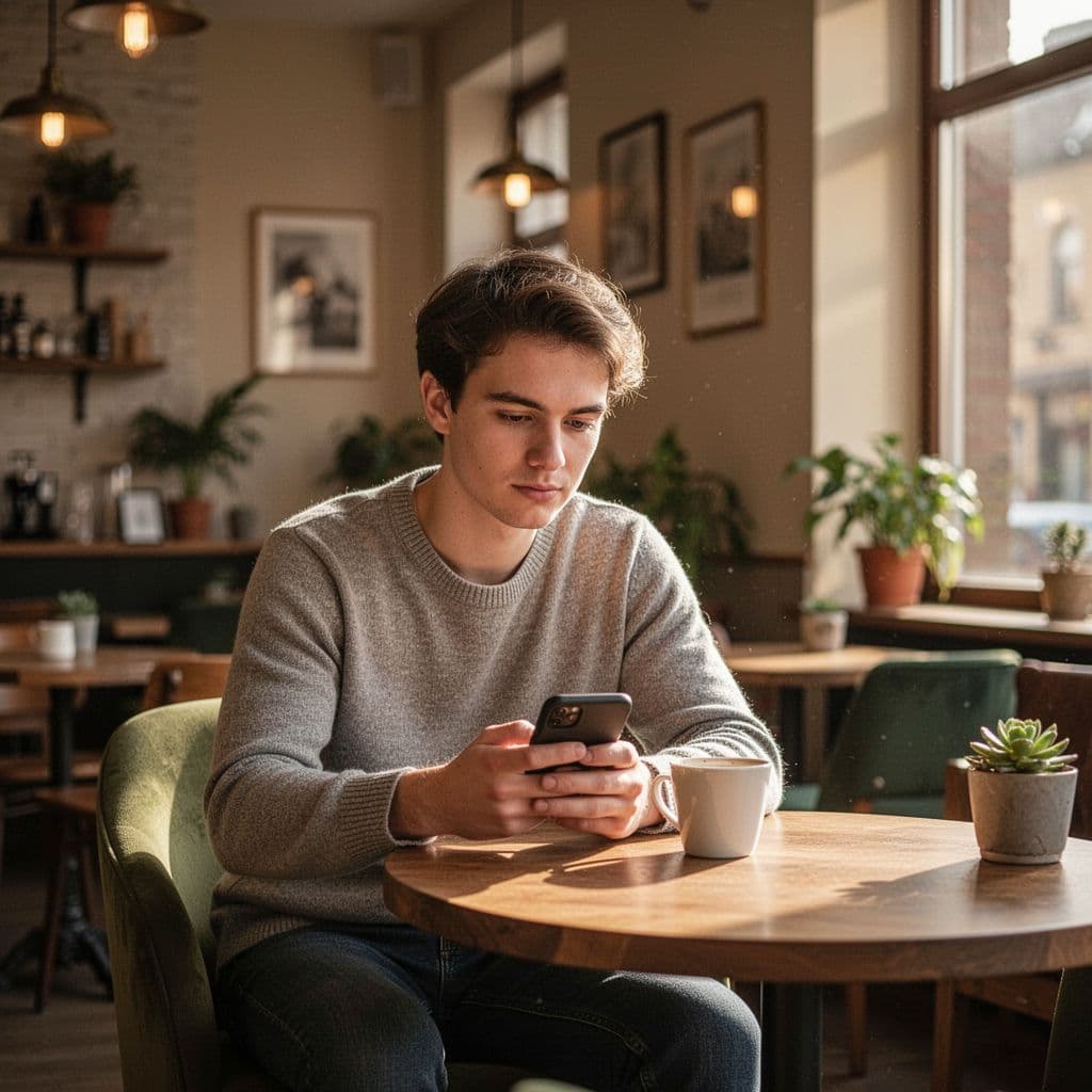 Uma jovem sentada em um café iluminado olhando pensativamente para a tela do celular.