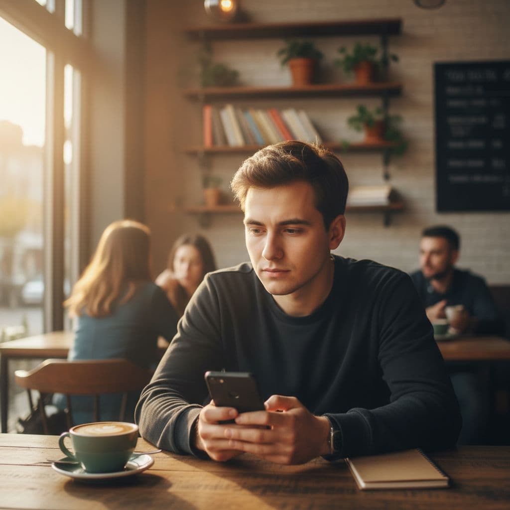 Uma pessoa jovem sentada em uma mesa de café segurando um smartphone com expressão pensativa.