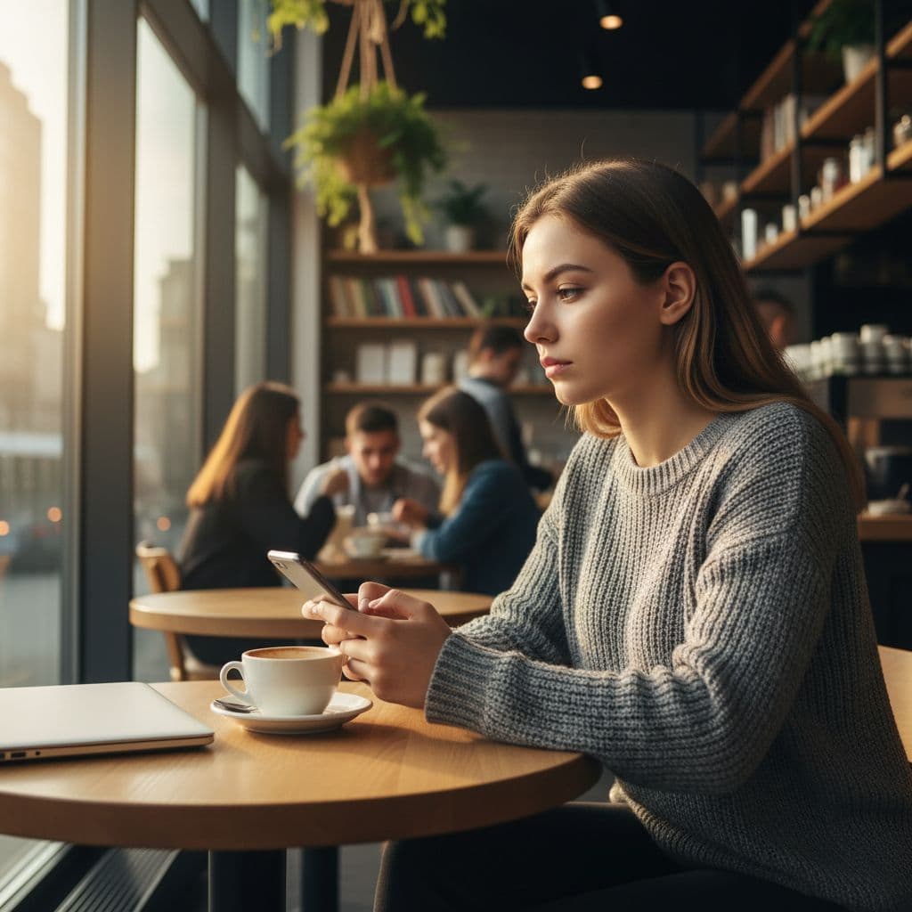 Uma pessoa jovem sentada em uma cafeteria segura um celular com expressão pensativa e neutra.