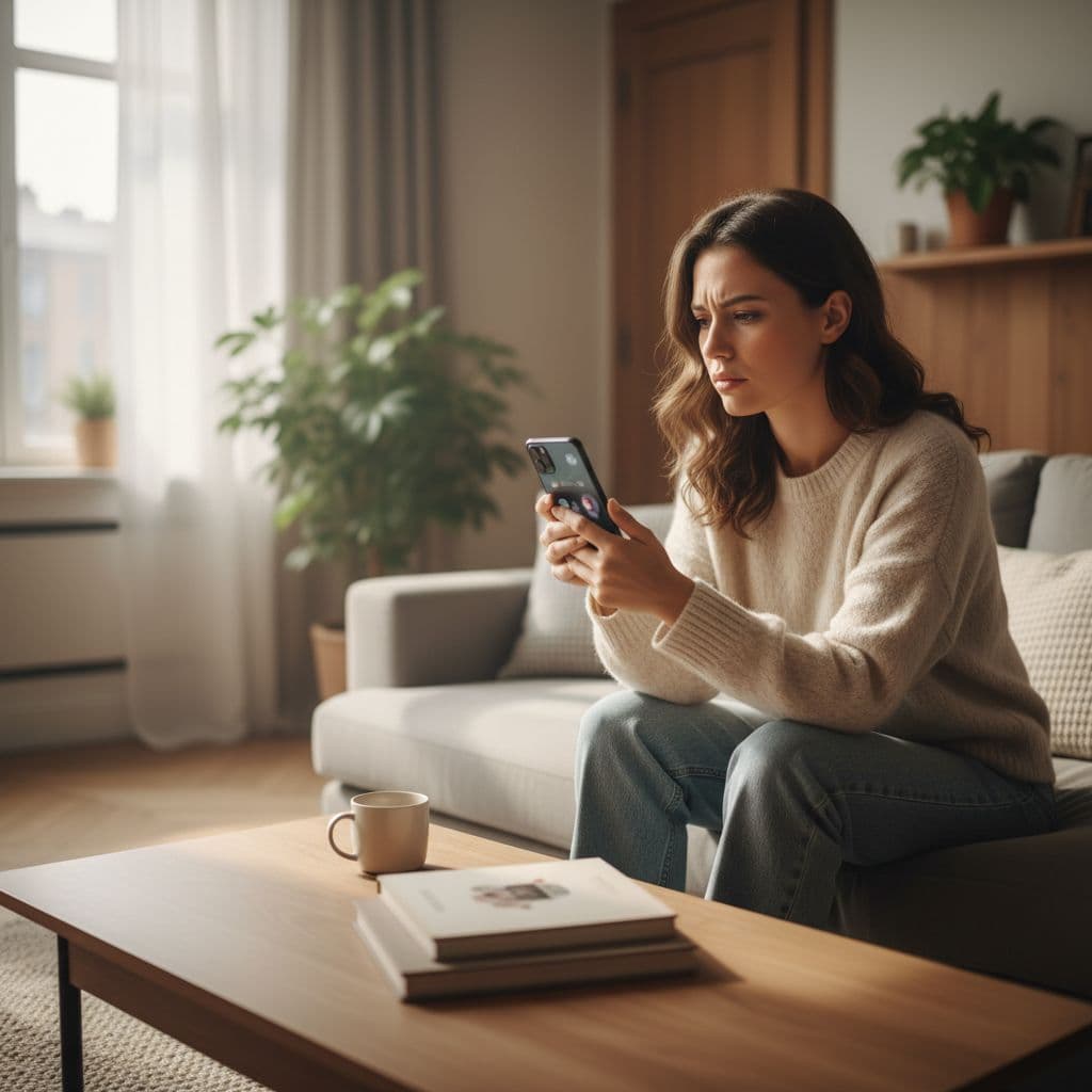 Uma pessoa sentada em um sofá confortável observa pensativamente a tela de um smartphone em suas mãos.