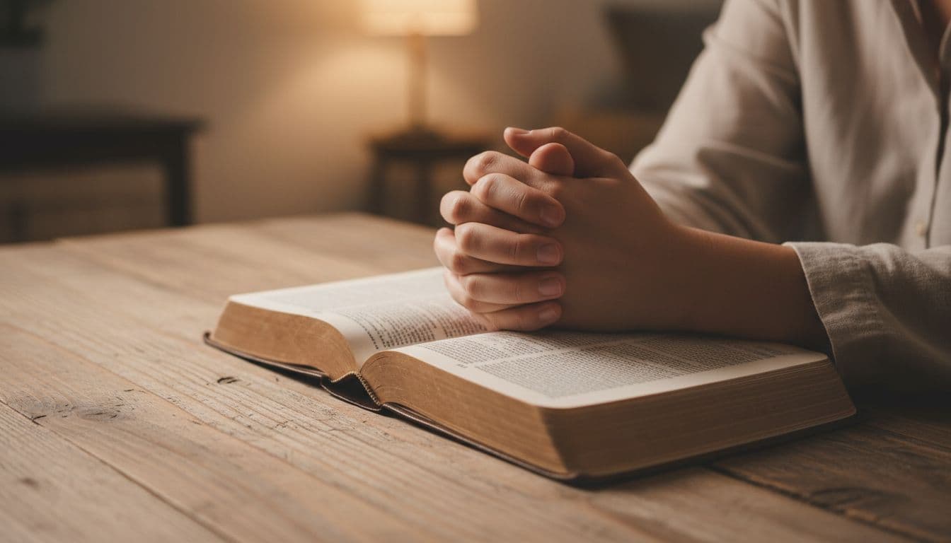 Person's hands clasped in prayer hold open Bible on wooden table.