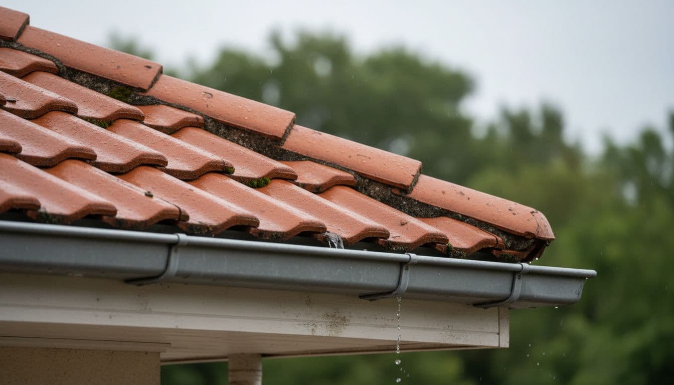 A close-up view of residential roof tiles meeting a rain gutter on a house exterior.