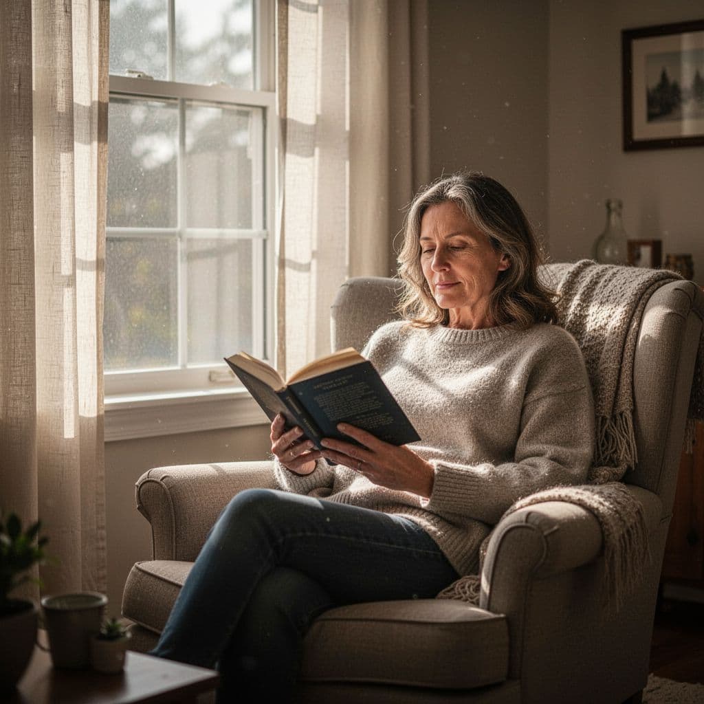 Person sits by window in soft morning light, calmly reading Bible.