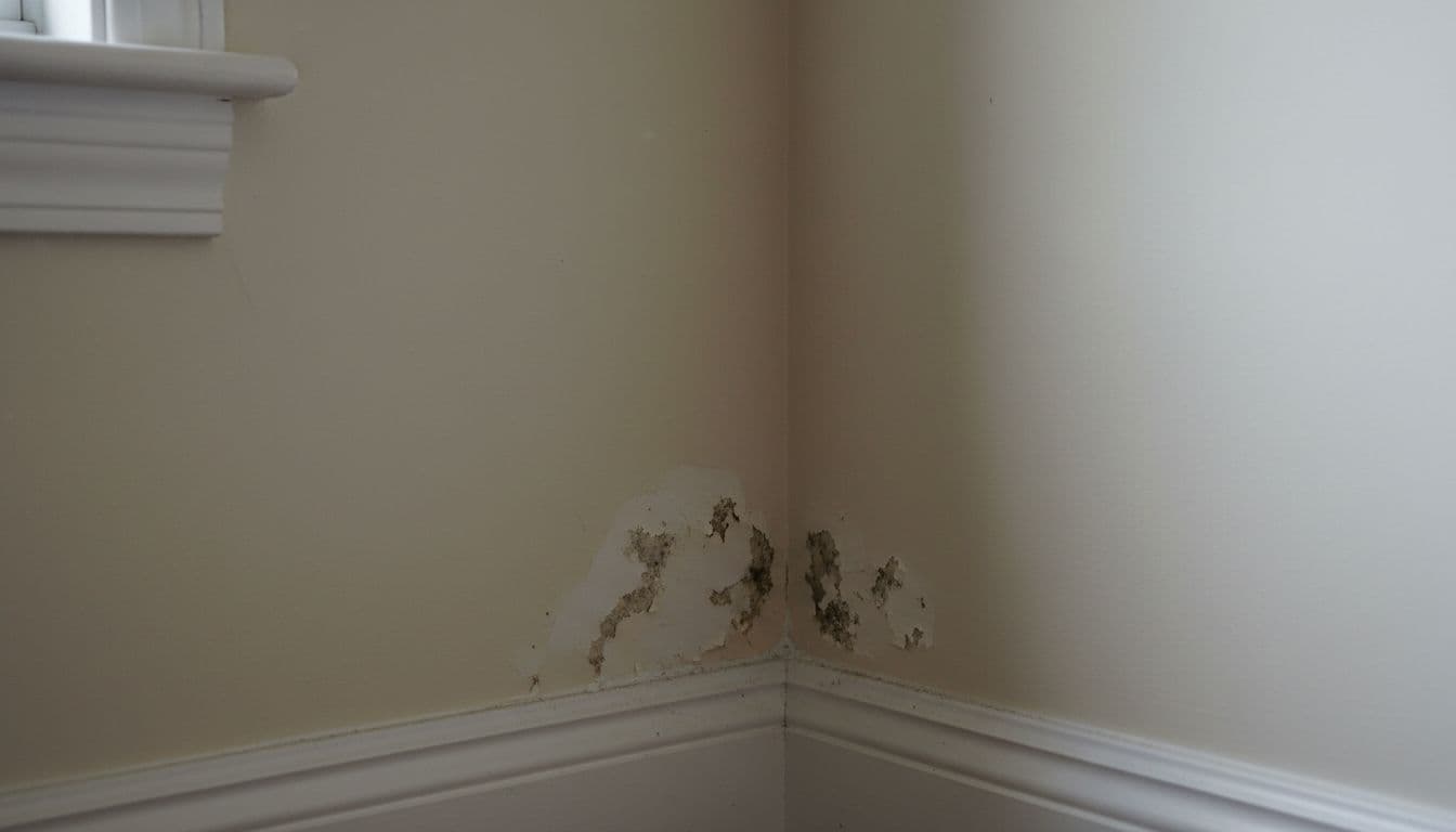 Manchas escuras e tinta descascando perto do rodapé em uma parede de quarto iluminada.
