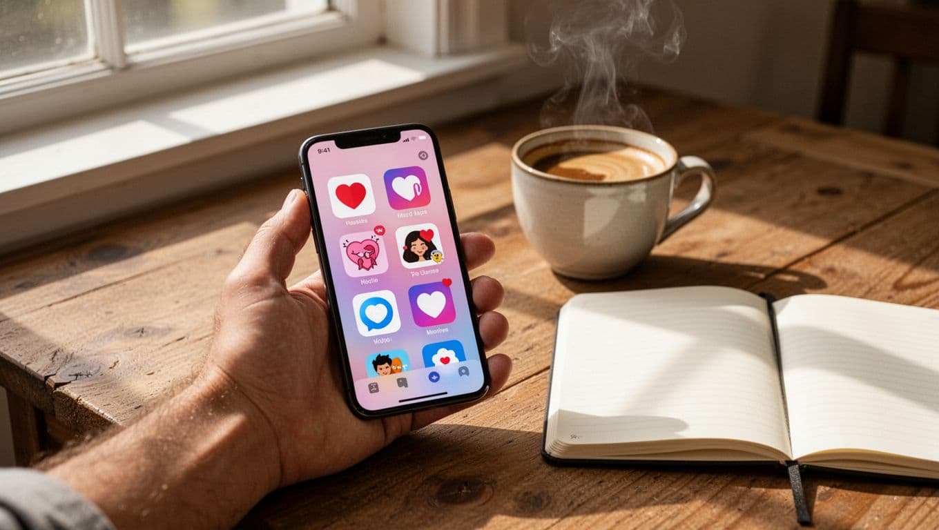Hand holds smartphone showing dating apps in carousel on table with coffee and notebook.