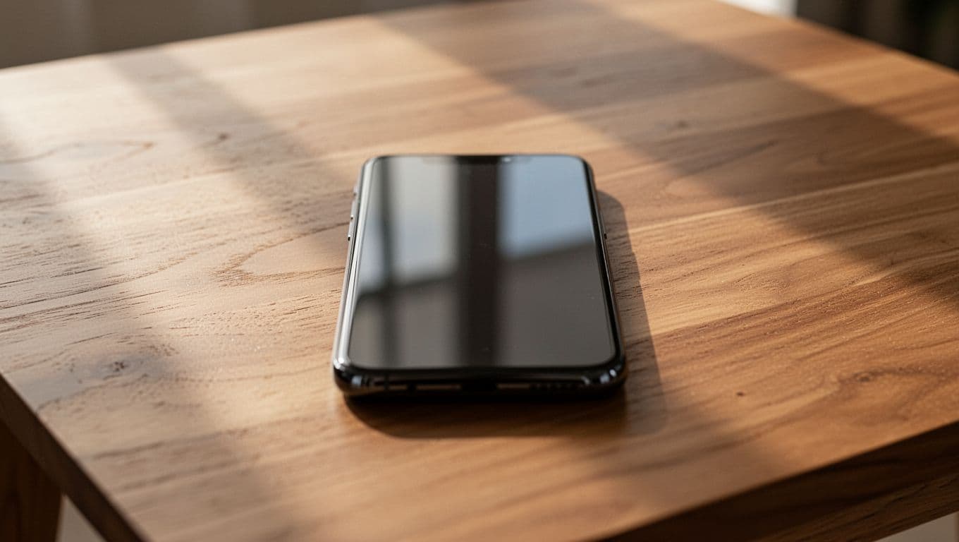 A smartphone lies face-up on a minimalist wooden table bathed in soft afternoon light.