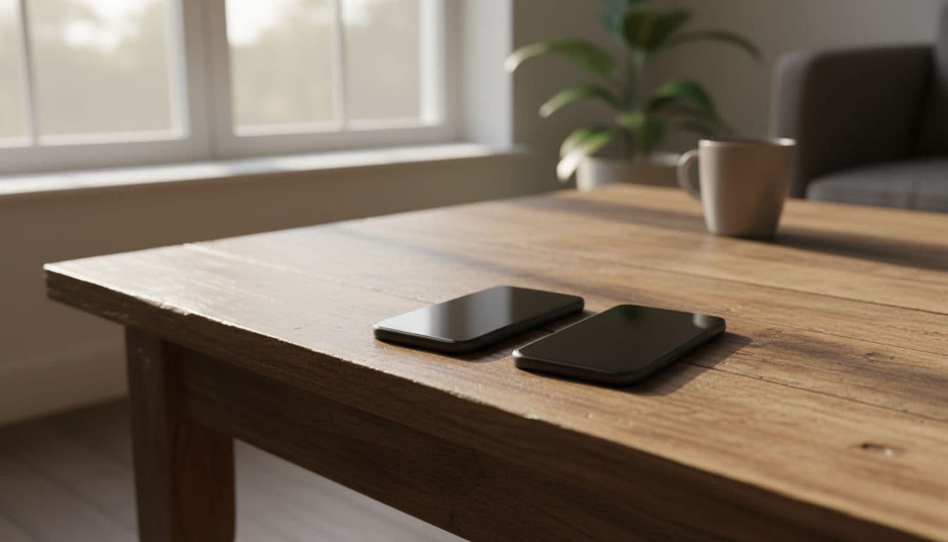 Dois smartphones rest side-by-side on a textured wooden table bathed in soft natural window light.